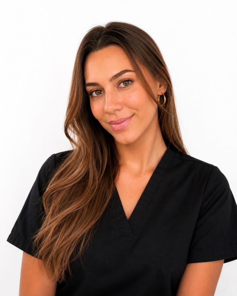 Portrait of a smiling woman with long brown hair wearing a black scrub top against a white background.