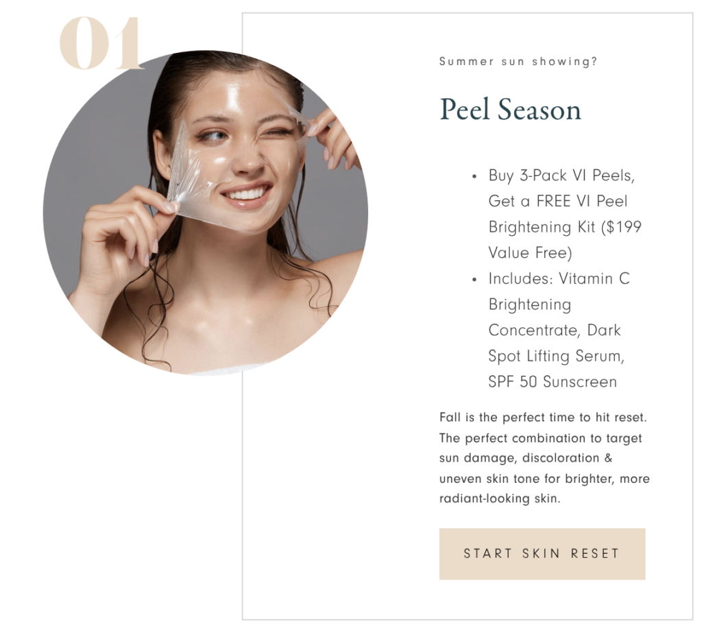 Woman applying a clear facial peel mask; advertisement panel reads 'Peel Season' with bullet points and a 'Start Skin Reset' button.