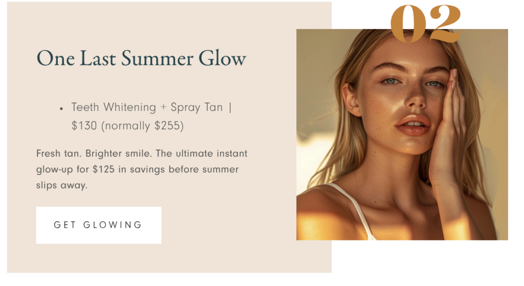 Promotional hero banner featuring a sunlit, glowing woman on the right beside a beige text panel that reads 'One Last Summer Glow' with a 'Get Glowing' button on the left.