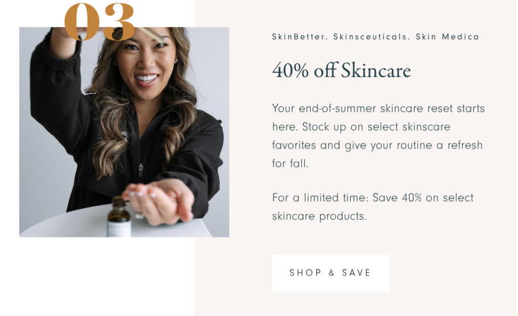 Smiling woman in a black jacket holds a dropper over a bottle on a white table, with a skincare promo message on the right saying '40% off Skincare'.